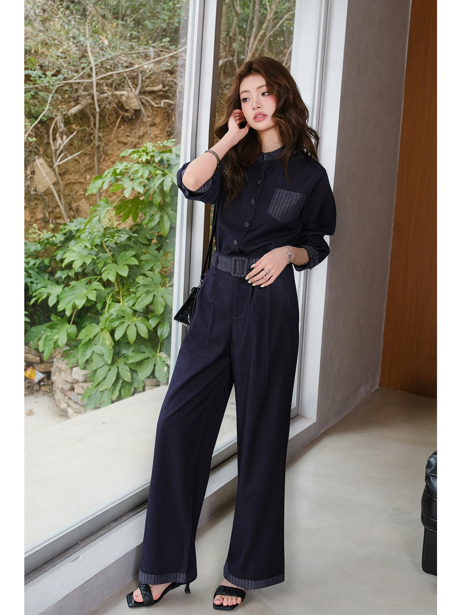 

MIUCO Commuter Stripe Pattern Stand Collar Shirt Wide Leg Pants Women's Fashion Set Spring New Style Long Sleeve High Waist