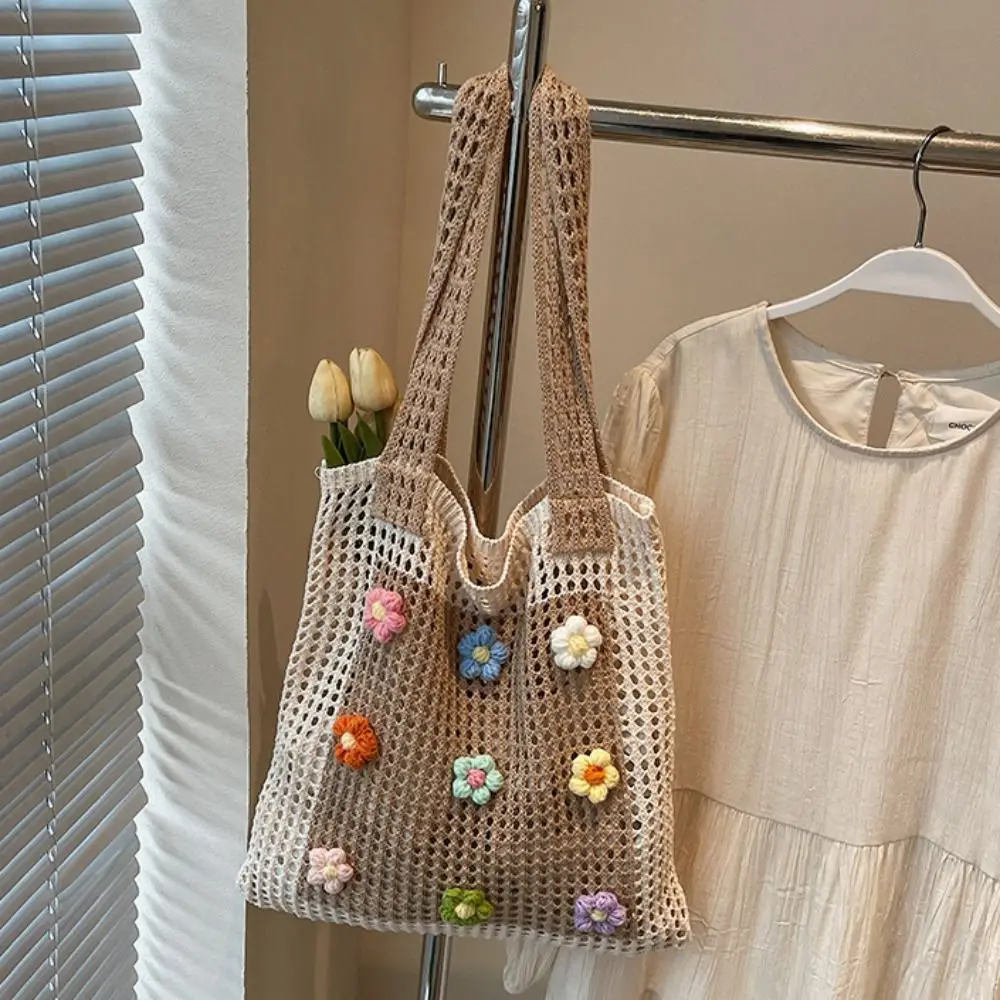 

Hollow Out Flower Thread Woven Bag Tote Bag Bohemian Style Beach Bag Beach Handbag Large Capacity Hollow Shoulder Bag Holiday