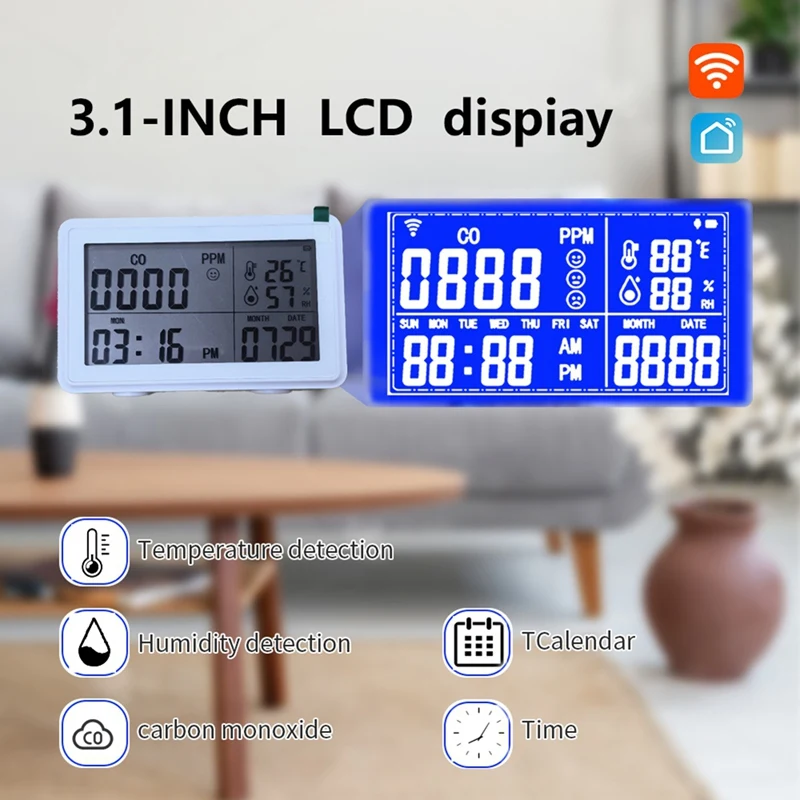 N15R-Tuya Wifi Smart Desktop Clock With Alarm Calendar Thermometer Hygrometer CO Detector LCD Display For Alexa And Google