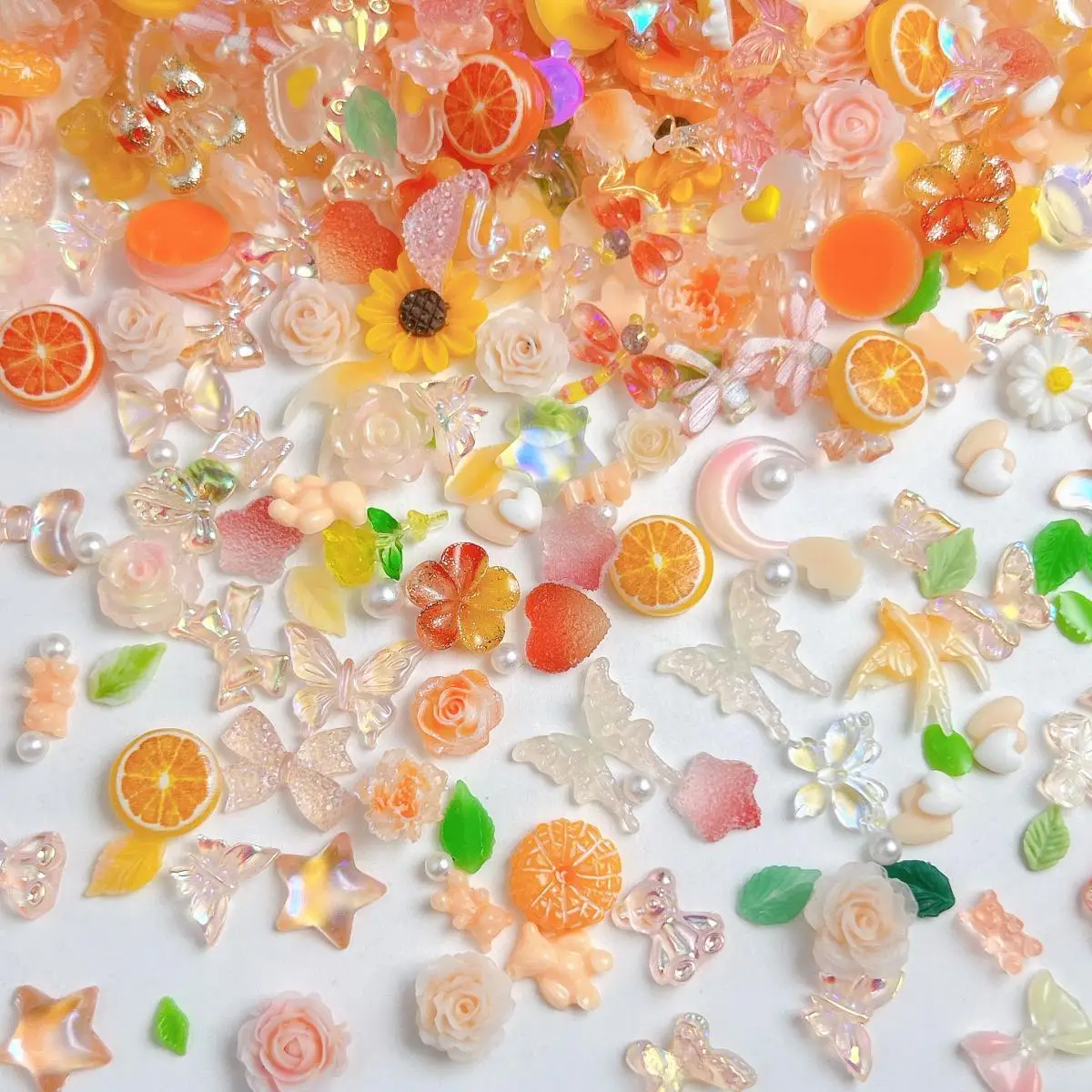 Random Mixed Orange Nail Art Decoration Resin Multiple Styles Flowers Bows Bears Oranges Nail Charms Supplies For Manicure DIY