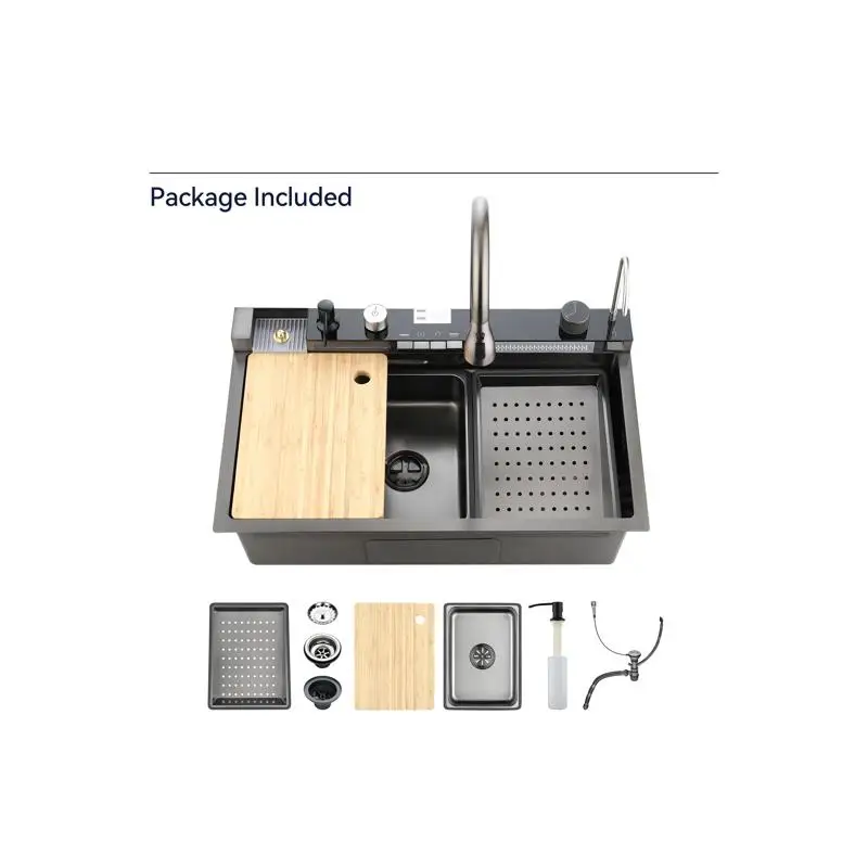 Pull-Out Faucet Single Bowl Kitchen Vegetable Sink 304 Stainless Steel Waterfall Dish Sink Household Vegetable Washing Basin