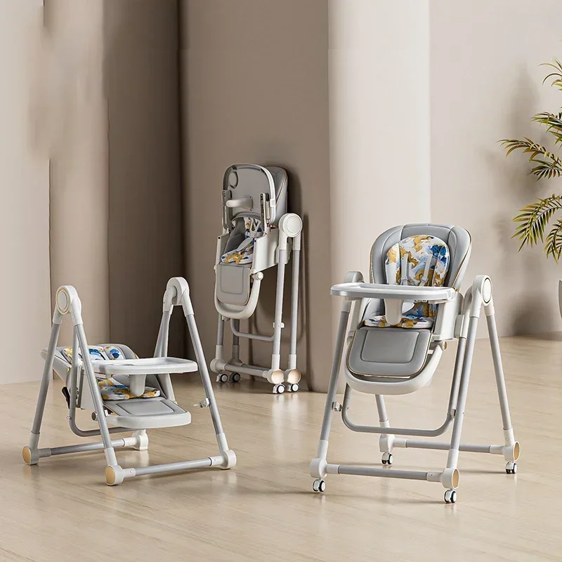 Removable Baby High Chair Dining Table Multi-functional Foldable 4-gear Adjustment 5-point Seat Belt Reclining PU Cushion