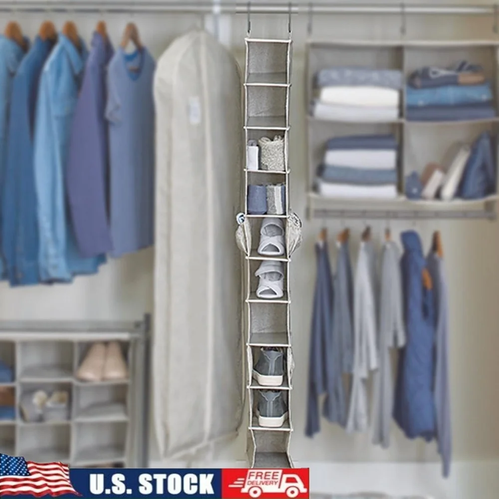 

Durable 10-Shelf Hanging Closet Organizer with 4 Side Pockets Shoes Socks Accessories Ideal Neat Storage System