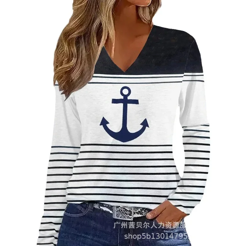 Anchor Print Striped Colorblock V-Neck Long Sleeve Top Women T Shirt Tee Fashion Casual Summer Spring