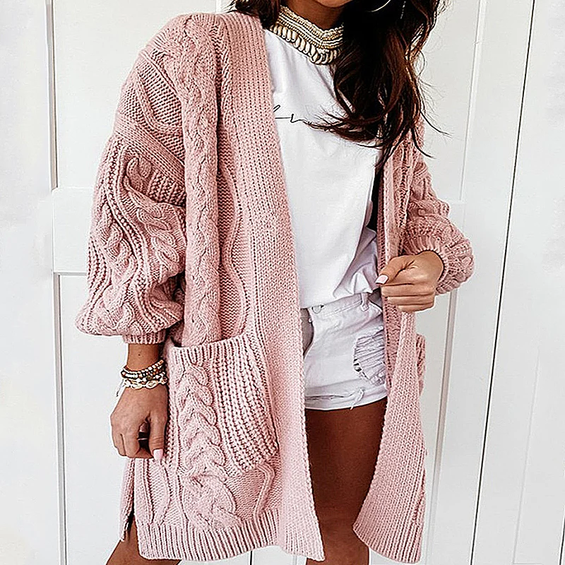 

Cardigan for Women Oversized Lantern Sleeve Knitted Sweater Ladies Autumn Winter Sweater Coat Warm Twist Loose Long Cardigan