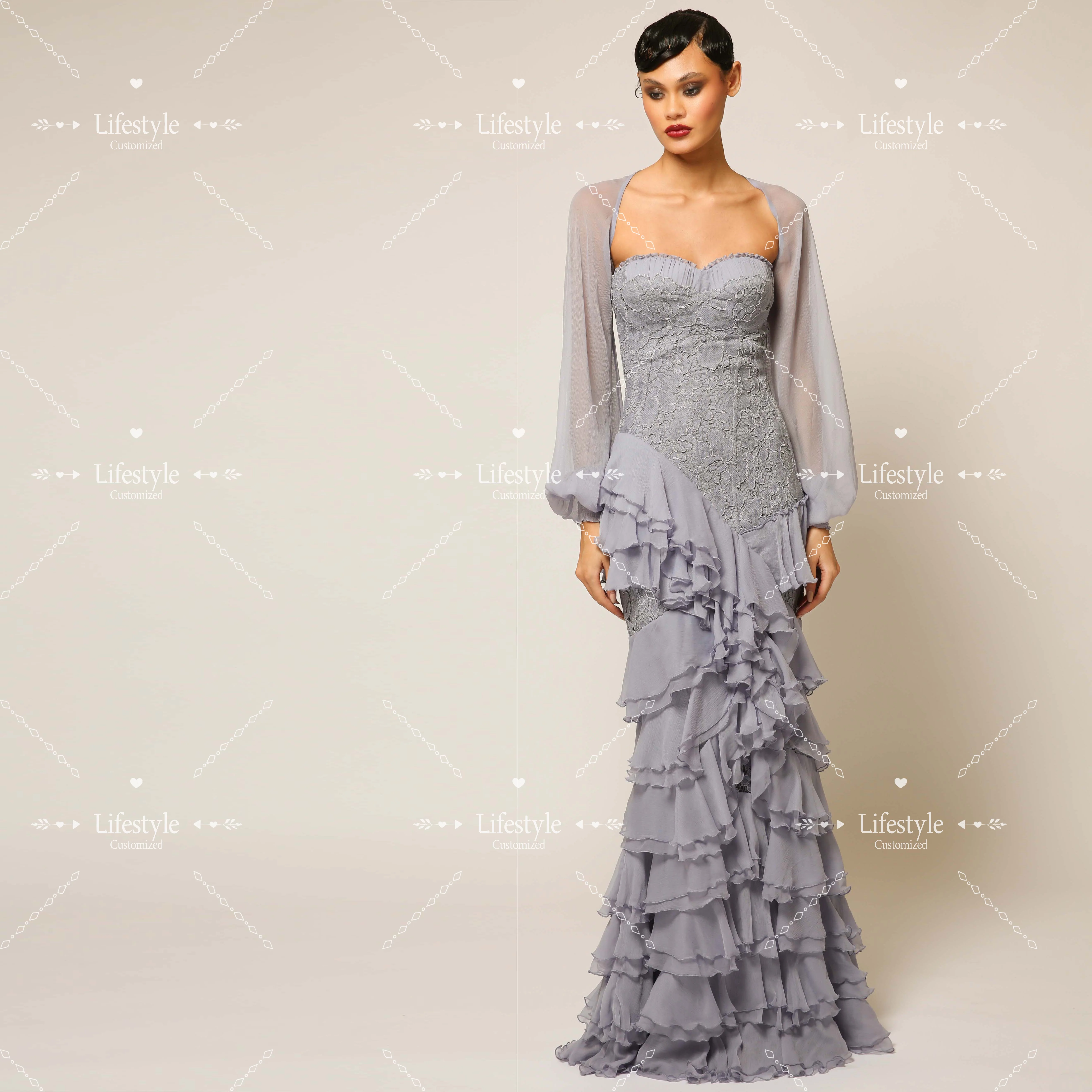 

Customized Lace Chiffon Ruffles Tiered Prom Dresses Puff Long Sleeves Jacket Elegant Evening Dress Grey Floor-length Formal Gown