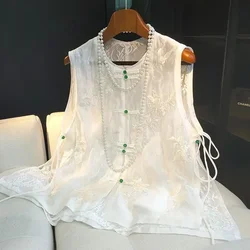 Chinese Style Top Women Tang Clothes Embroidery White Lace Flower Qipao Lady Mandarin Collar Vest Vintage Clothing Casual Wear