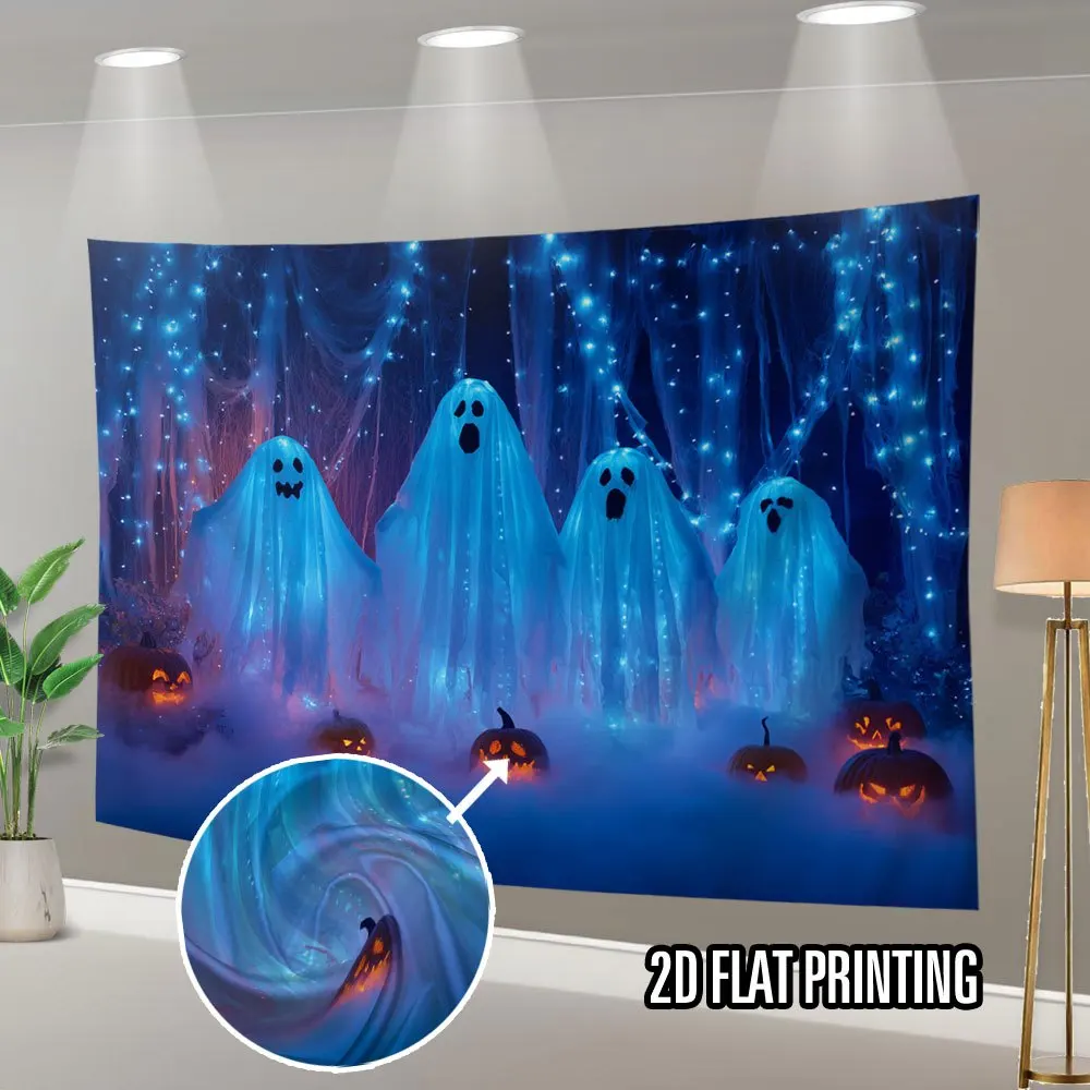 VIKAMA Halloween Gothic Wall Tapestry Blue Mist Curtain Ghost Pumpkin Light String Lantern Cute Little Wallcloth Party Decor