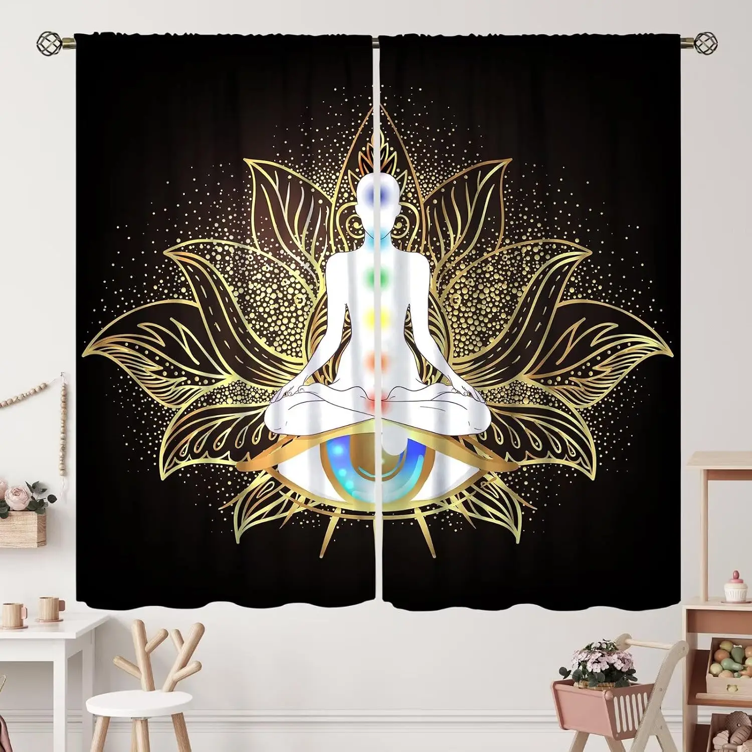 Boho Spiritual Yoga Curtain Black Window Drapes Meditation Lotus Chakra Enlightenment Gold Foil Design Panel for Living Room Bed