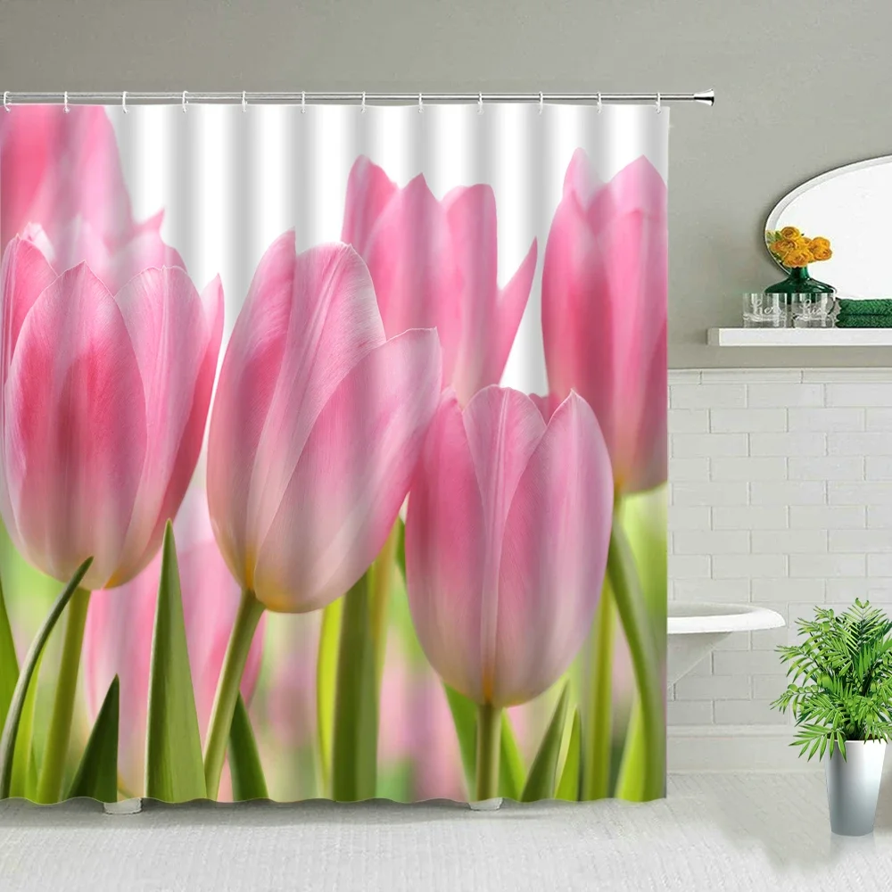 Tulip Pink Flower Shower Curtains Beautiful Flowers Plant Waterproof Cloth Curtain Set Bathroom Home Decor Bath Screens Washable