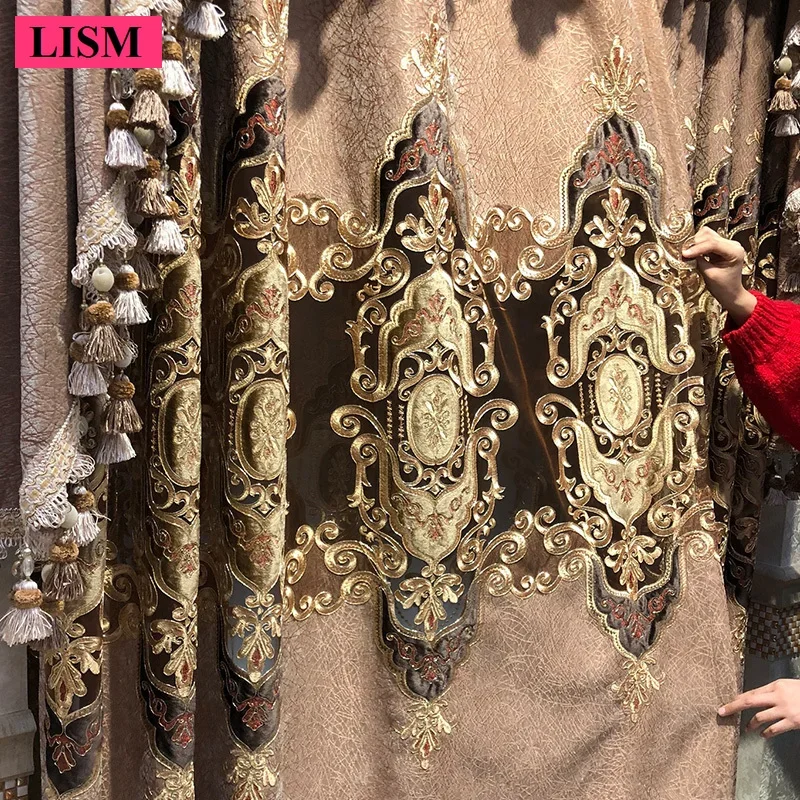 

European Chenille Embroidered Curtains for Living Room Bedroom Blackout Coffee Color Villa Window Luxury Jacquard Valance Custom