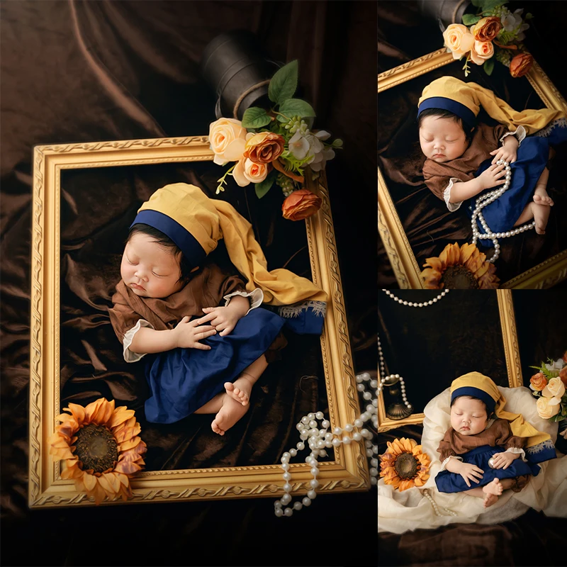 Newborn Photography Outfit Famous Painting Theme Baby Photo Prop Set Pearl Chain Accessories Infant Hat Dress For Studio Shoot