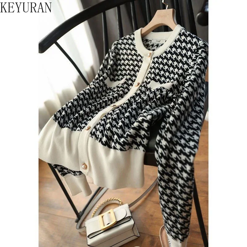 Houndstooth Cardigans Women Crop Top Sweater 2023 Autumn Vintage Long Sleeve Knitted Cardigan Woman Black Sweaters Jumper