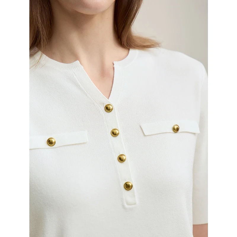 Women's Half-Placket Knit Sweater - Short Sleeve Pullover Top