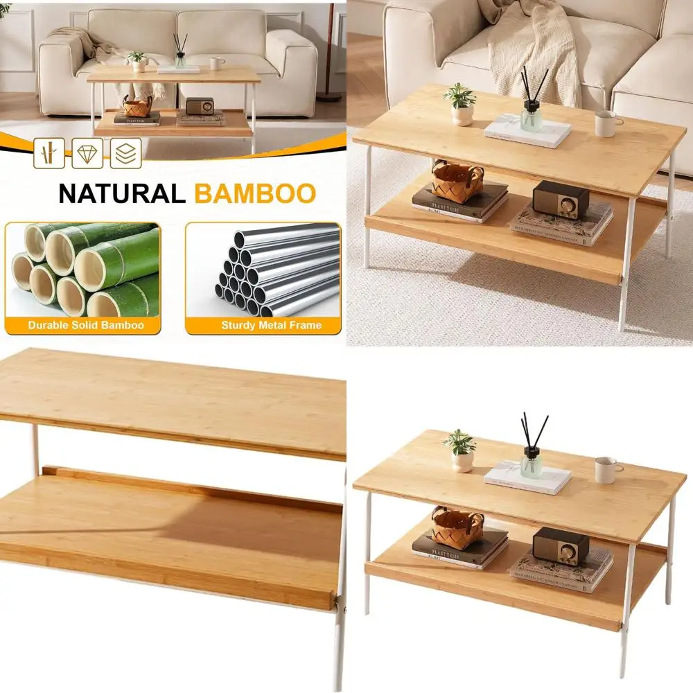 

Бамбуковый журнальный столик середины века с 2-уровневым местом для хранения вещей, подходит для гостиной, спальни, офиса и патио (натуральная отделка)