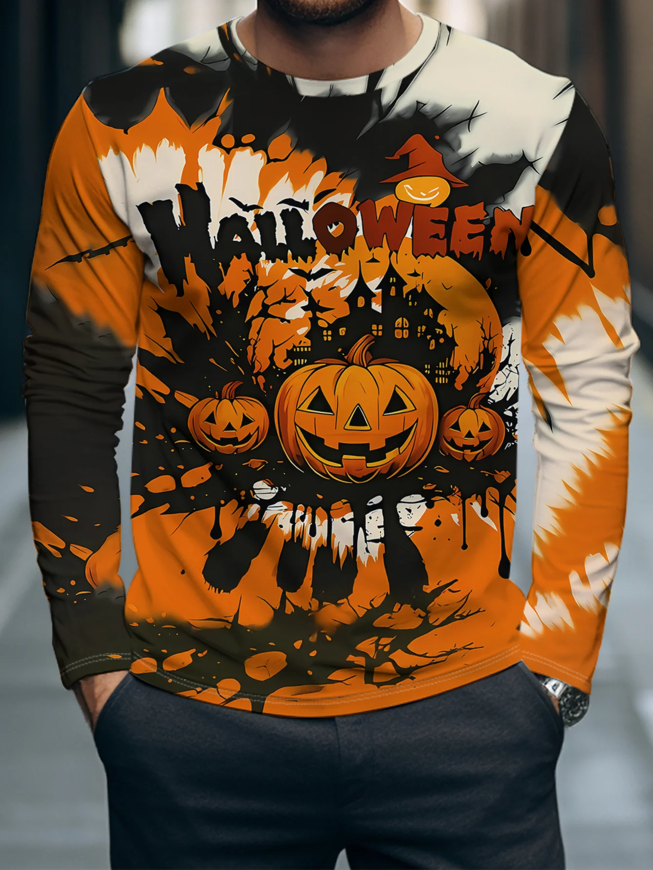 Men's Long Sleeve T‑Shirt Tie‑Dye Pumpkin Haunted House Bat Print Crew Neck Festive Halloween Casual Streetwear Top