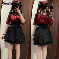 Mine Gothic Style Women's Sweet Lace Short Sleeve Embroidered Shirt Top High Waist A Line  Skirt Two-Piece Sweet Outfits