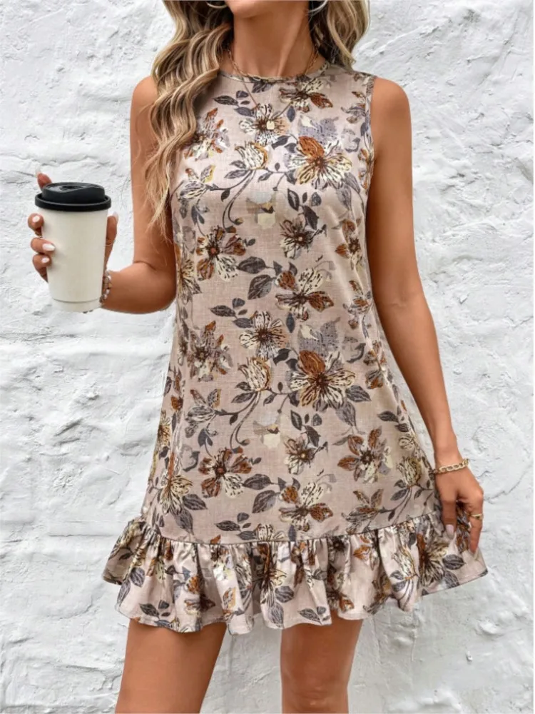 

Women Elegant Floral Print Vacation Beach Mini Dress Summer Round Neck Sleeveless Ruffle Hem Office Ladies Party Short Dresses