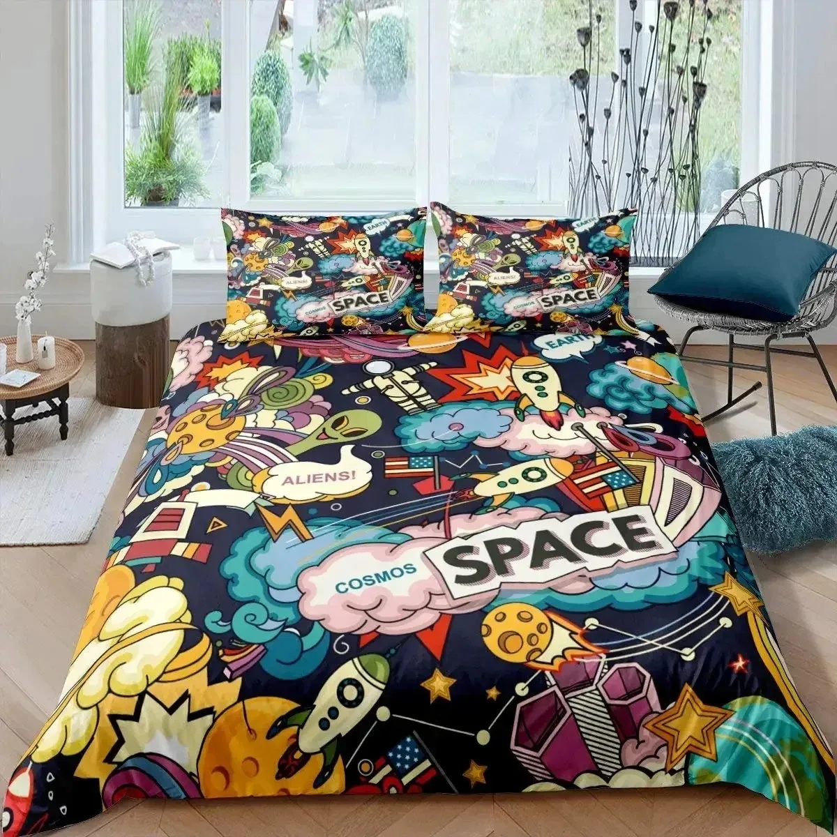 Rocket Duvet Cover Set King Size Spaceship Bedding Set Twin Microfiber Outer Space Galaxy Stars Planet Cartoon Style Quilt Cover