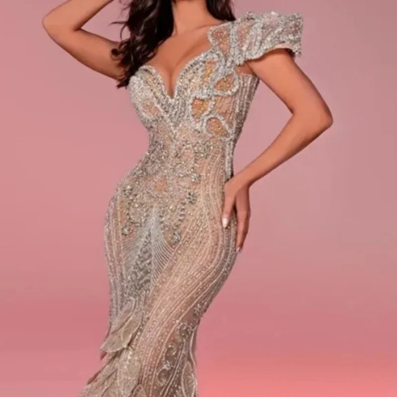 

Evening Dresses Champagne One Shoulder Mermaid Long Party Dress Crystals Celebrity Prom Dresses Customized