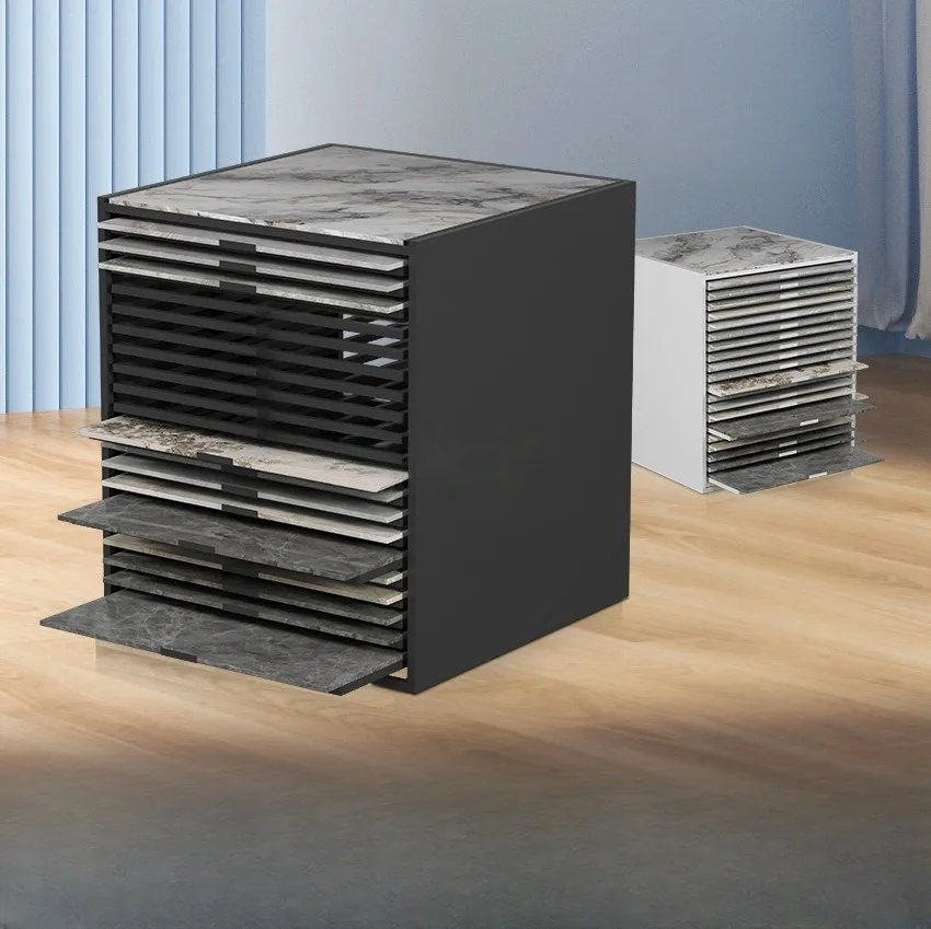 High Quality Double Sided Tile Sliding Drawer Cabinet Quartz Marble Sample Showroom Granite Stone Display Stand