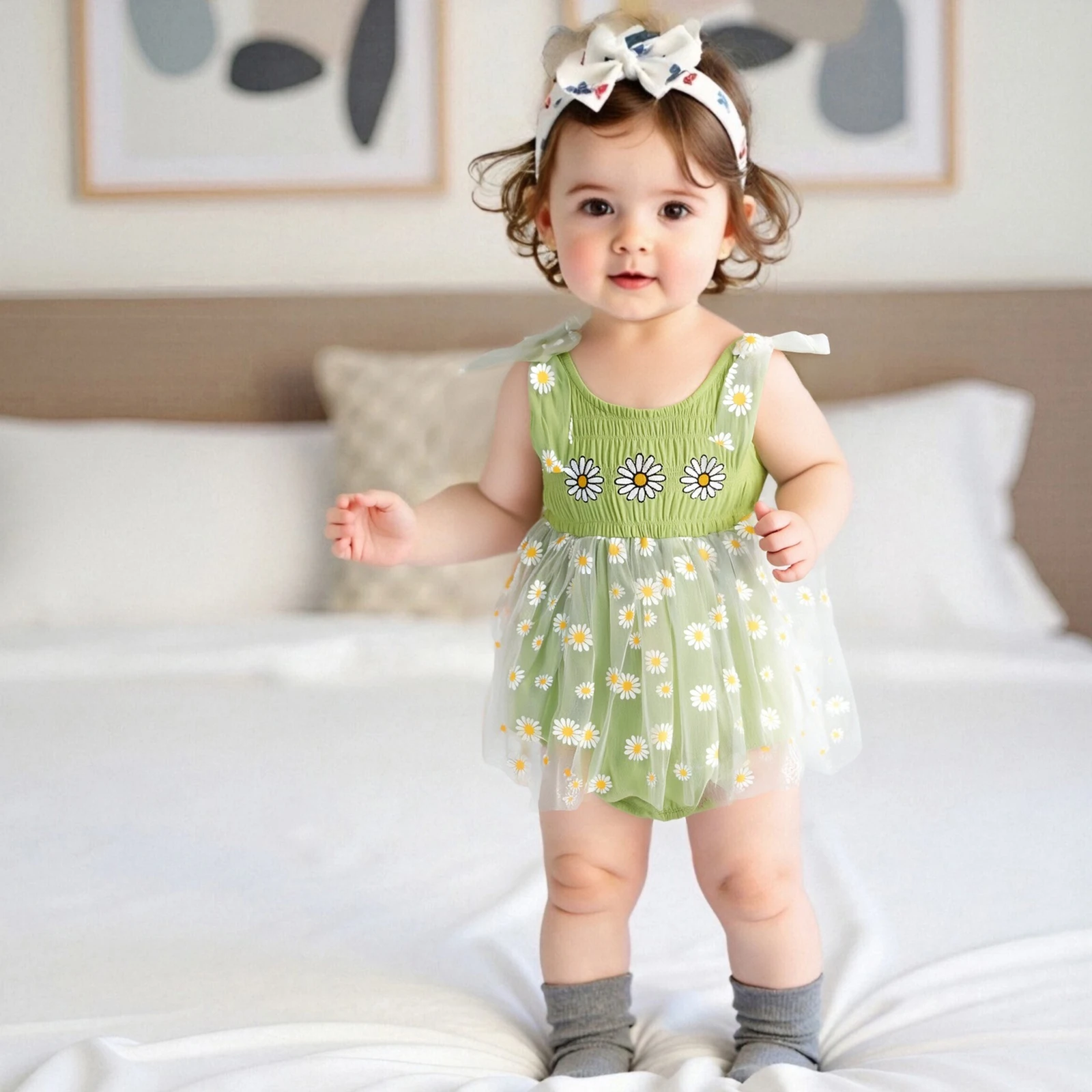 

0-24Months Newborn Infant Baby Girl Summer Romper Dress Sleeveless Round Neck Daisy Print Tulle Patchwork Bodysuit Clothes