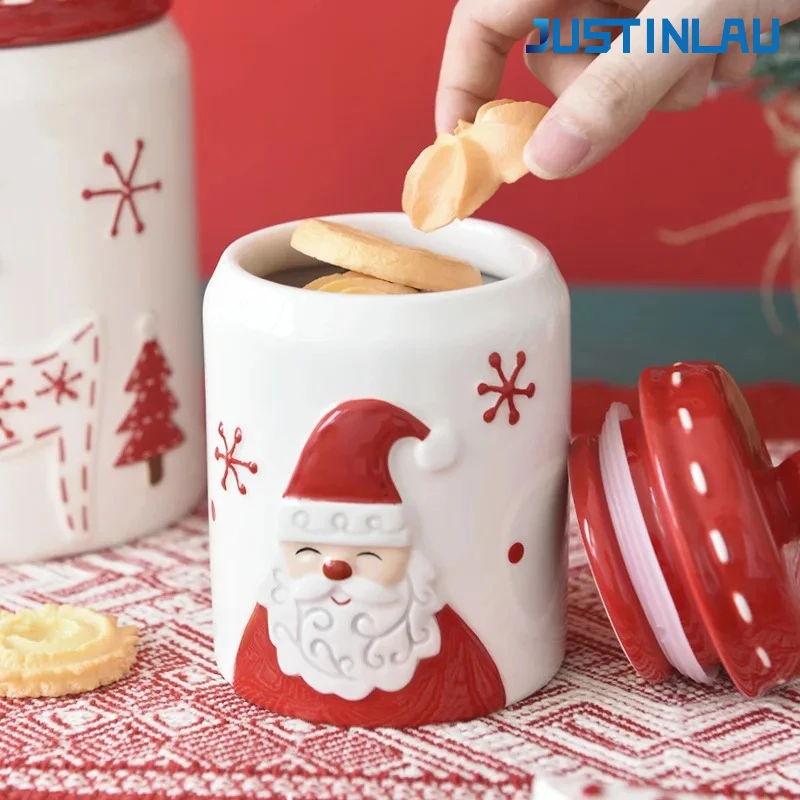 JUSTINLAU-tarro redondo sellado de cerámica con árbol de alce y Papá Noel, contenedor de almacenamiento de alimentos para frutos secos y confitados, accesorios de cocina
