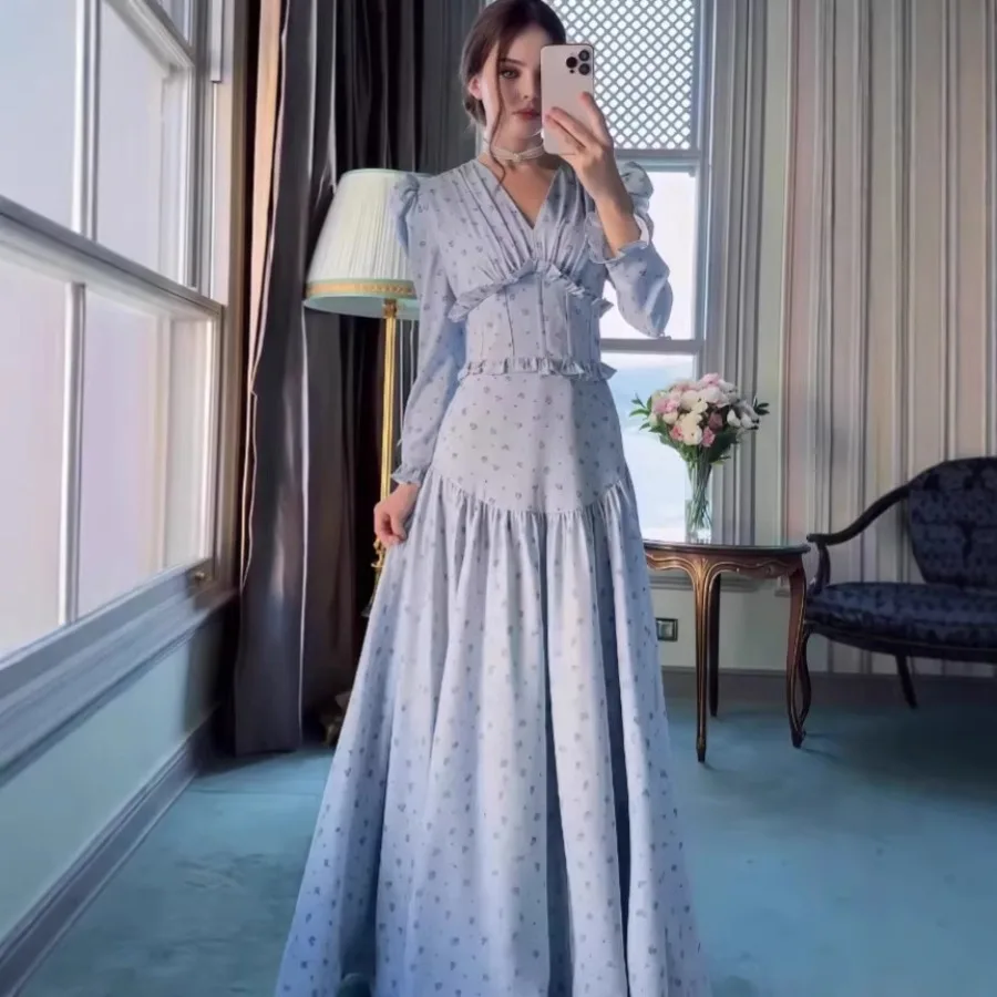 

【New Arrival】Vintage Polka Dot Maxi Dress, Puff Sleeve V-Neck Ruffle Tiered Flowy Long Dress for Women