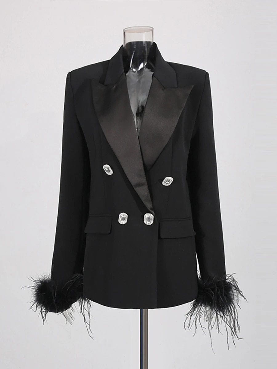 CHICEVER Black Spliced Feathers Jacket Female Lapel Long Sleeve Slimming Office Lady Women's Jackets Autumn Fashion New Style
