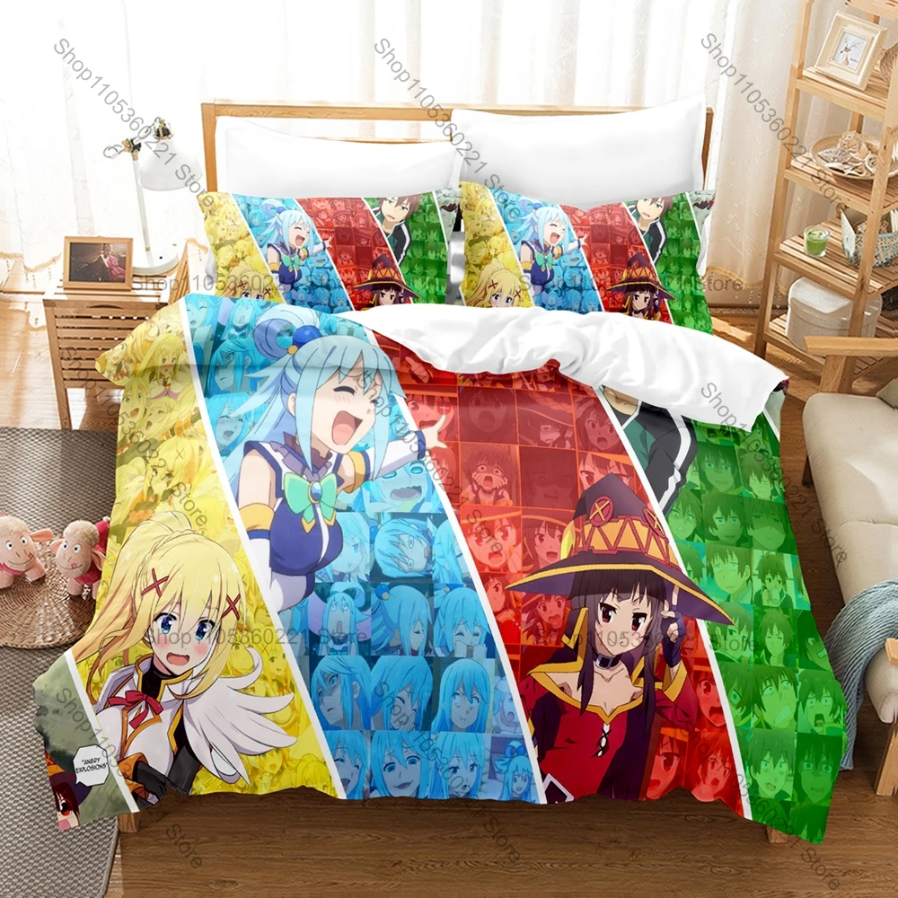 Juego de ropa de cama de anime KonoSuba Bright Colorful Isekai Fantasy Hilarious Adventure Mage Goddess Knight, funda de edredón + 2 fundas de almohada