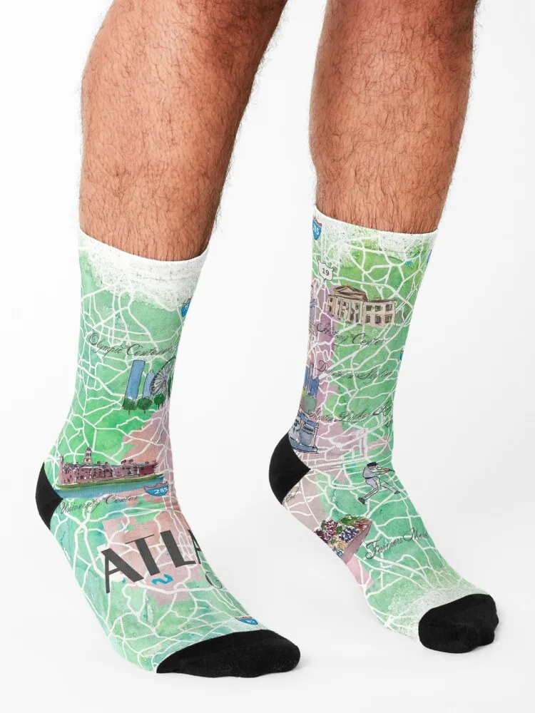 Atlanta Georgia USA Illustrated Map with Main Roads Landmarks and Highlights Socks set Christmas Socks For Men Women's