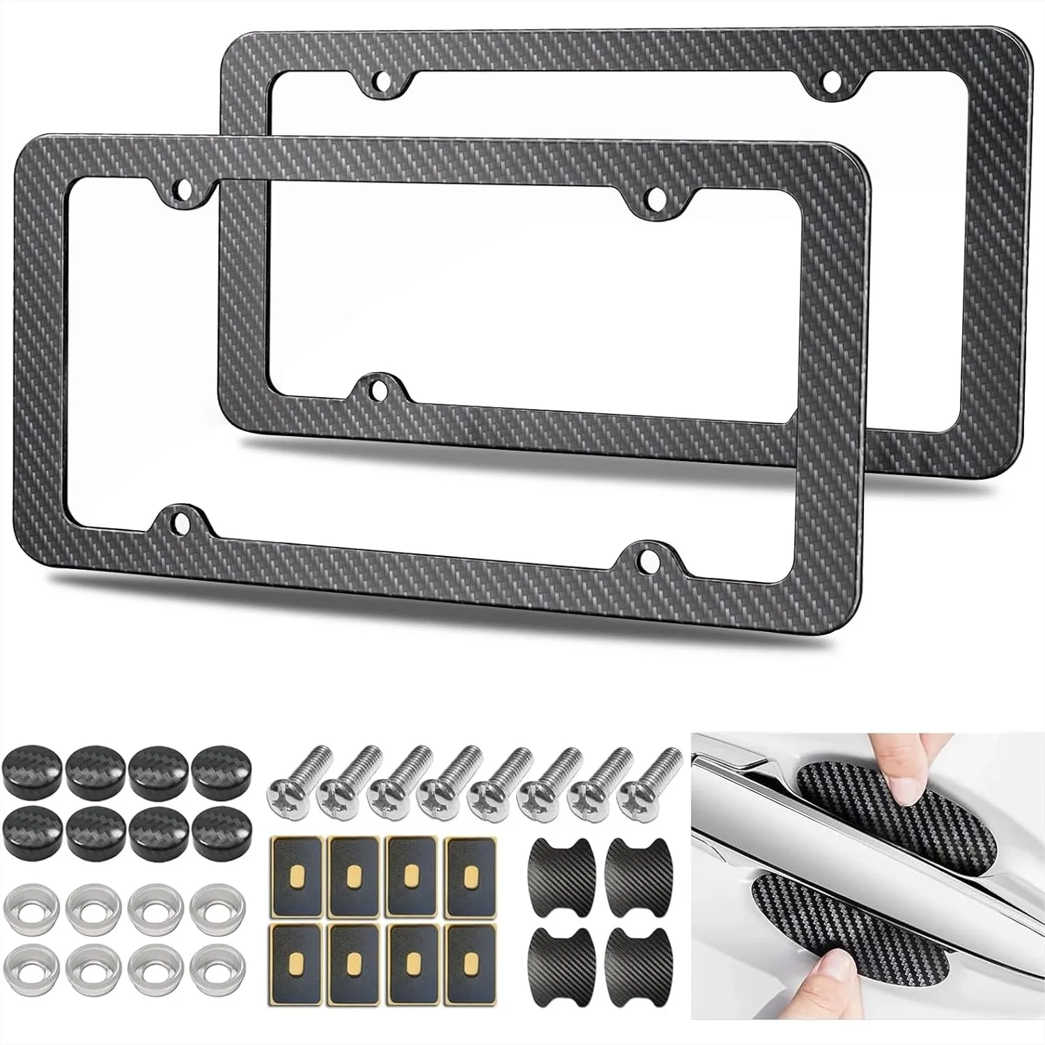 

Carbon Fiber License Plate Frame 2 Pack, Black ABS Car Tag Holder with Screw Caps and Door Handle Stickers