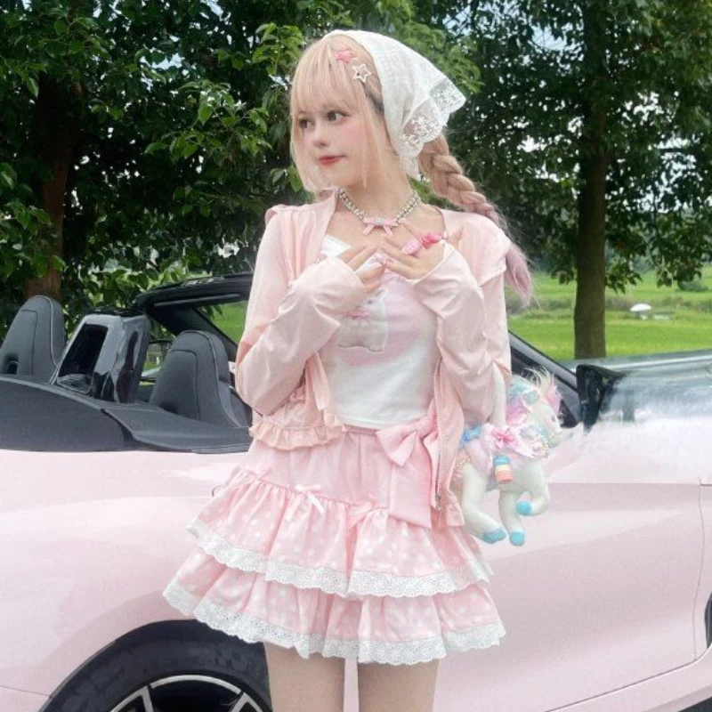 Jupes Lolita japonaises douces à pois pour femmes, mini jupe en patchwork de dentelle A-Line, taille haute, nœud mince, esthétique Y2K, Kawaii Faldas