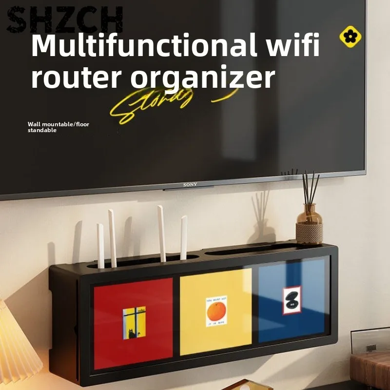Wooden No Drill Wall Mount Router Holder Large Capacity Hidden Modem Shelf Heavy Duty Cable Management Box for Home Office