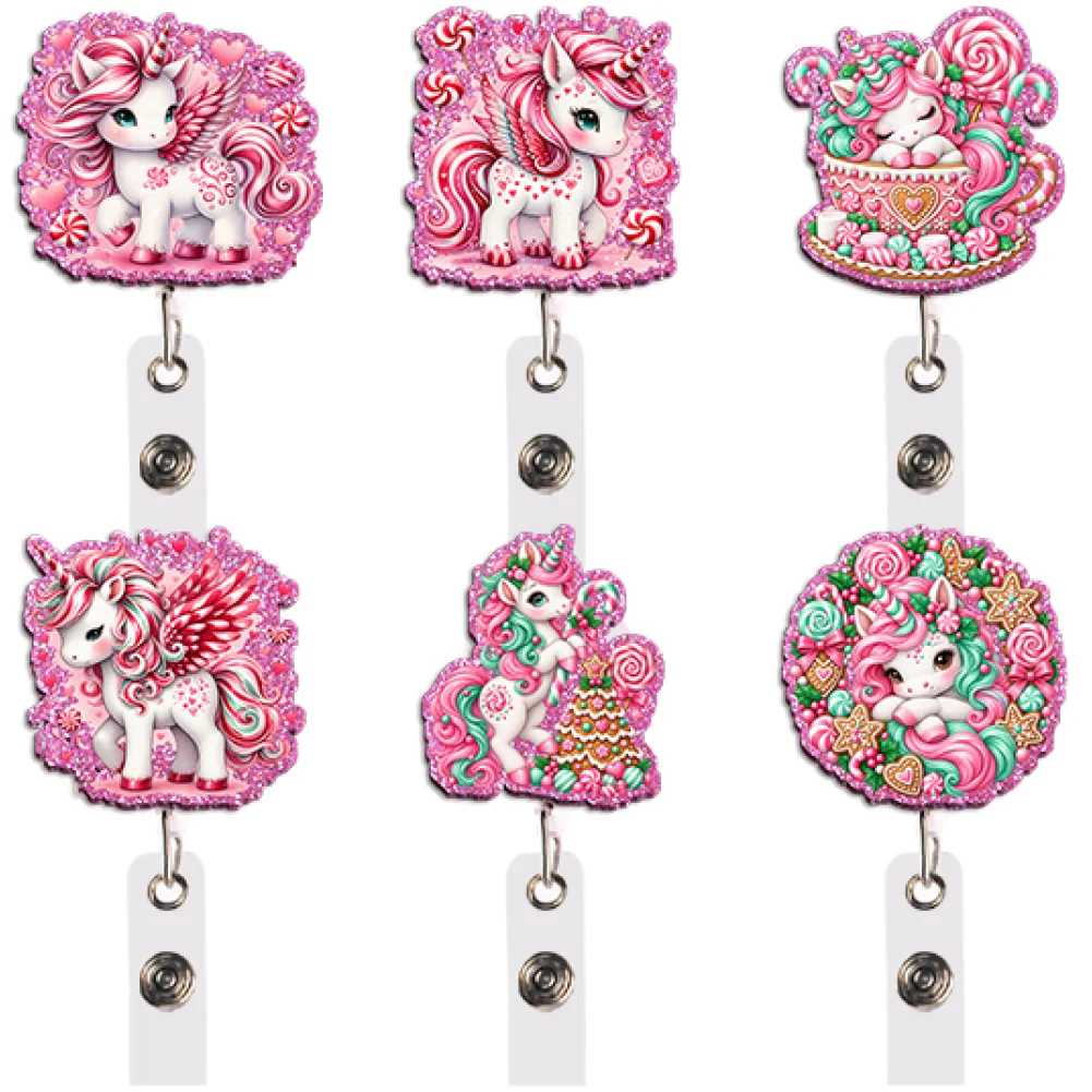 Adorable Unicorn Carousel Badge Reel Set Retractable with Clip for Nurse Staff Work