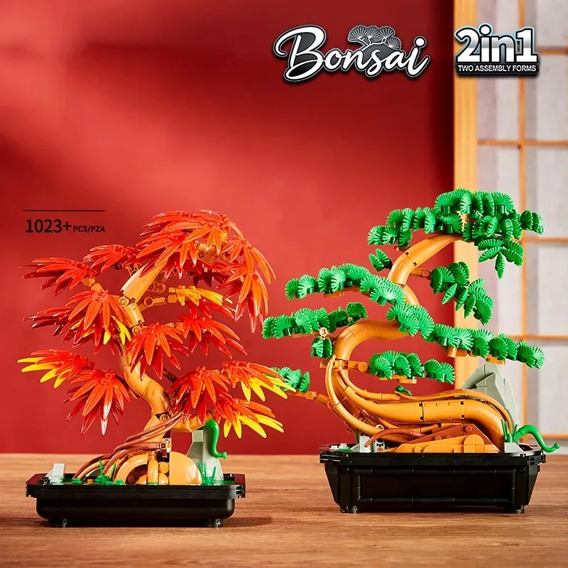1023pcs 2IN1 Guest Greeting Pine Bonsai Building Blocks Maple Leaf Tree MOC Bricks Home Decoration Botanical Garden Toys