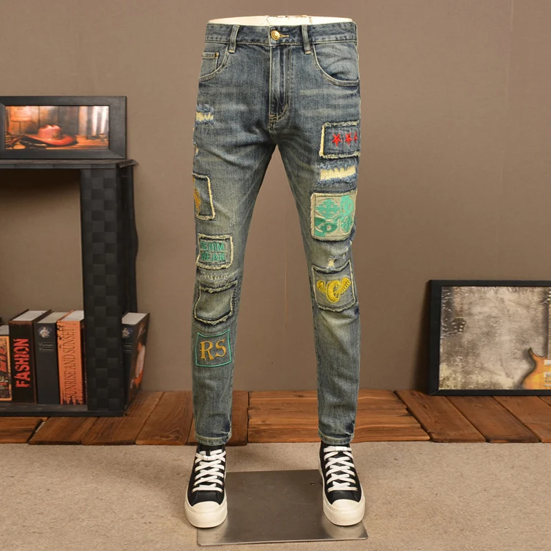 

Street Fashion Men Jeans Retro Washed Blue Stretch Slim Fit Ripped Jeans Men Embroidery Patched Designer Hip Hop Denim Pants