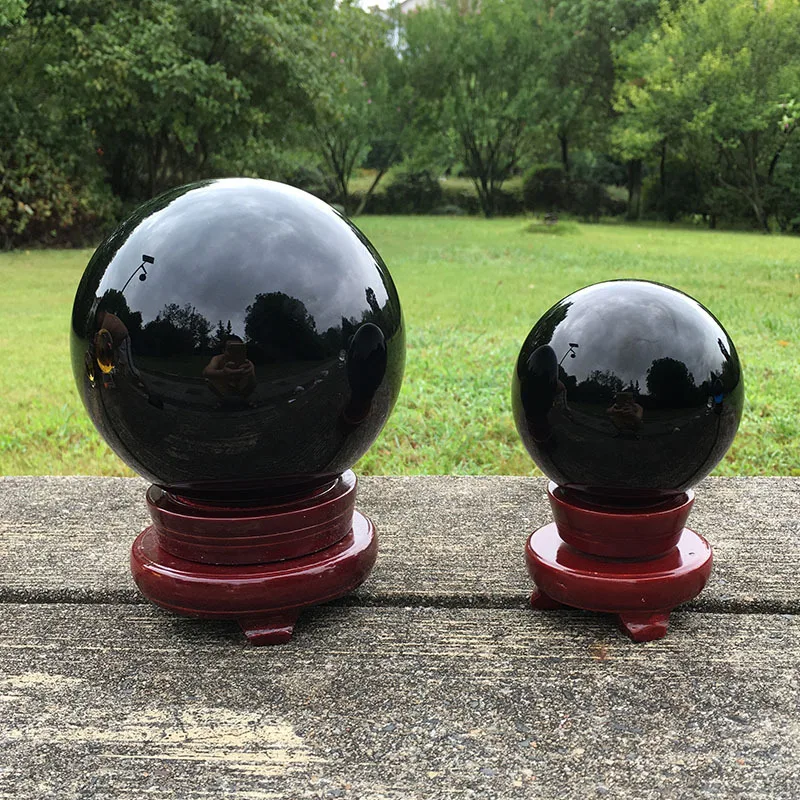 4cm-20cm +Stand Natural Black Obsidian Sphere Large Crystal Ball Healing Stone+Pedestal