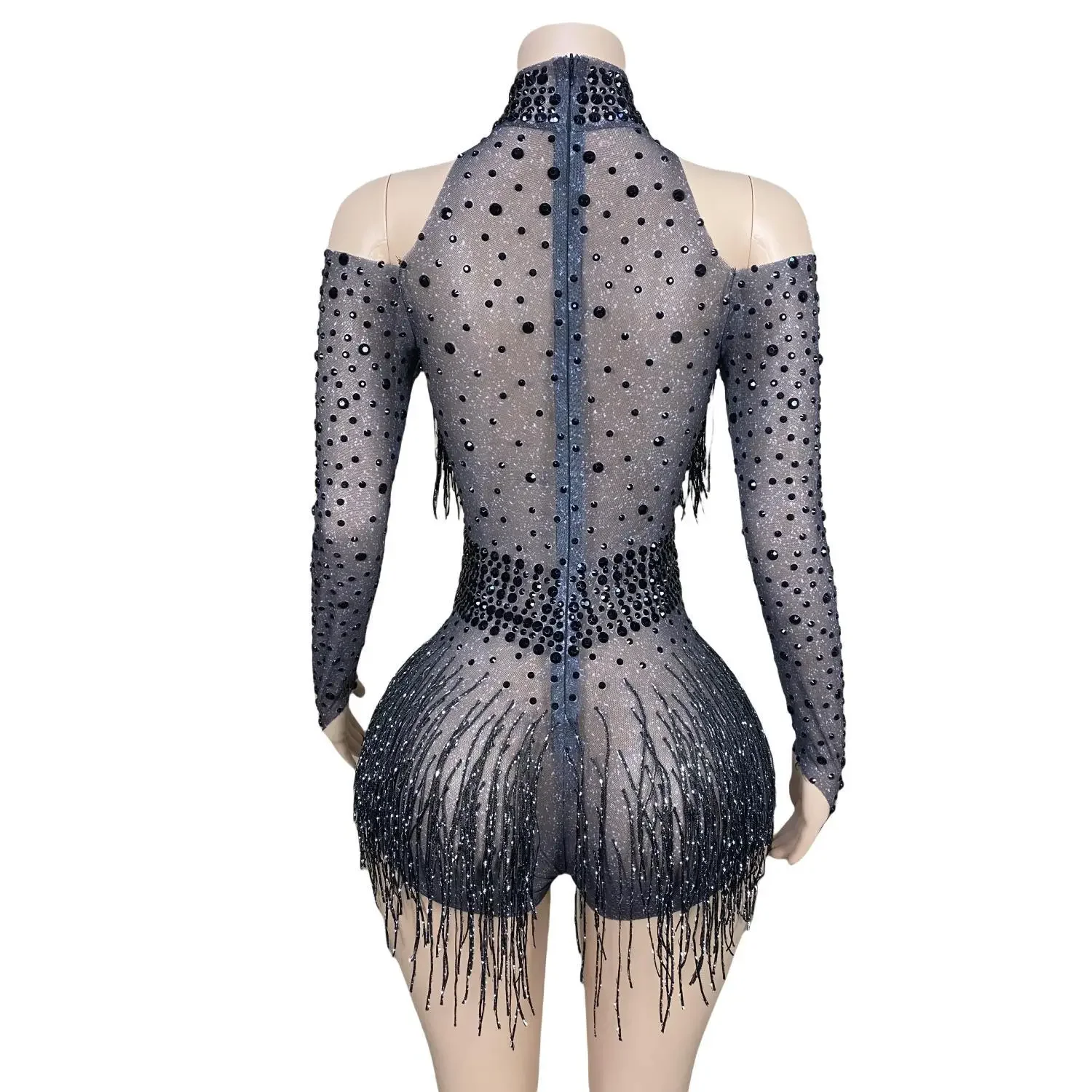 Sexy Red Spandex Bodysuit Rhinestone Long Sleeve Jumpsuits Tassel Performance Costumes Party Evening Bodycon Romper Hongdenglong