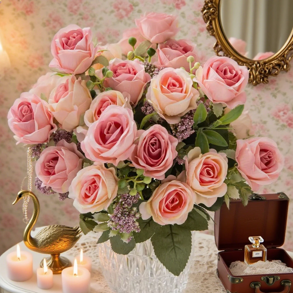 5pcs Artificial Flowers Silk Rose Brial Bouquet Garden Home Room Wedding Yard Outdoor Decora Handmade Diy Gift Props Accessories