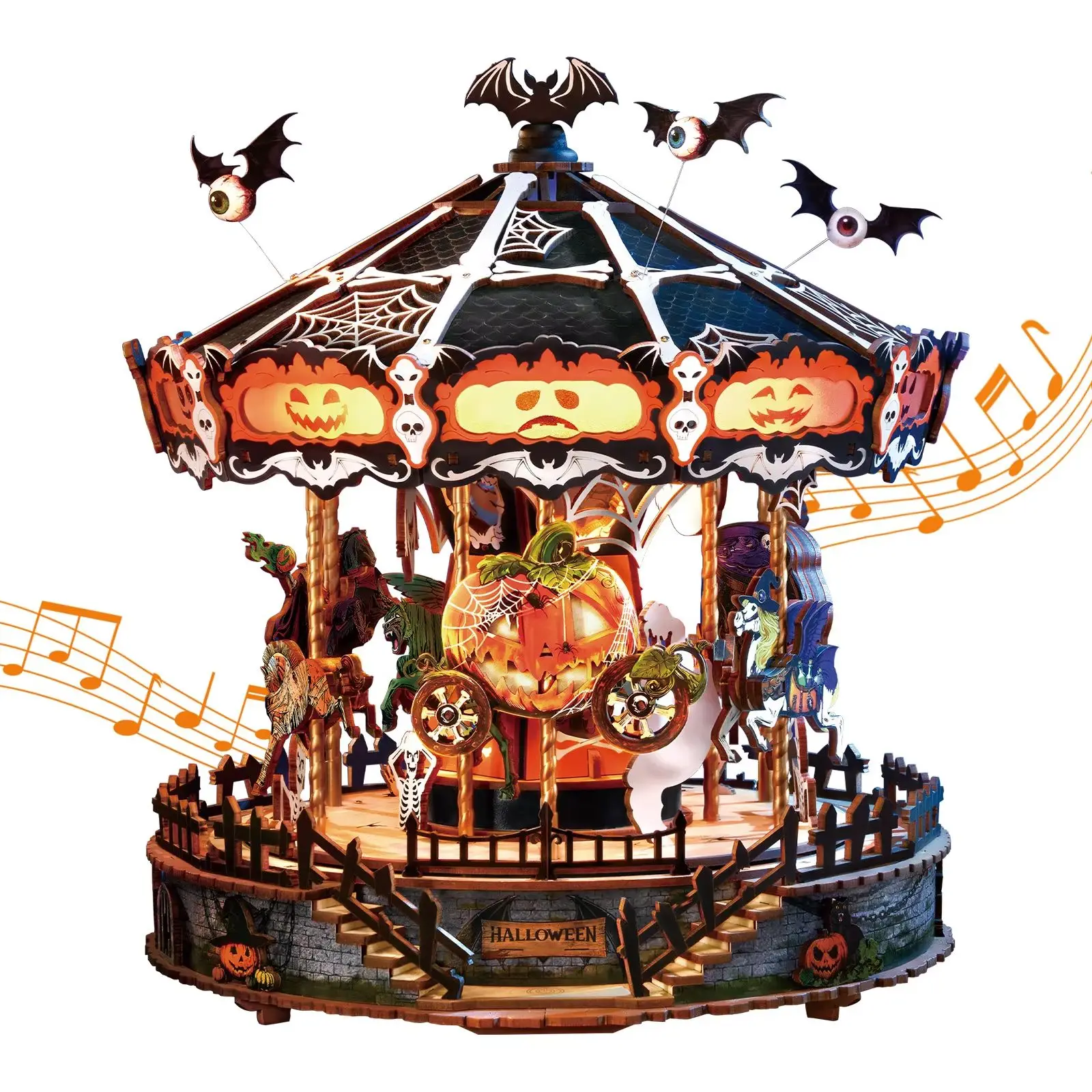 Robotime Halloween Karussell Musikbox DIY 3D Holzpuzzle-Set für Erwachsene, Rotierendes Mechanisches Modell mit Lichtern Halloween-Geschenk