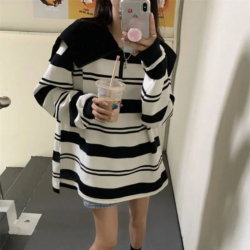 Korean Sailor Collar Striped Pullovers Spring Autumn Loose Women's Clothing Chic Zipper Casual Spliced Long Sleeve Sweatshirts