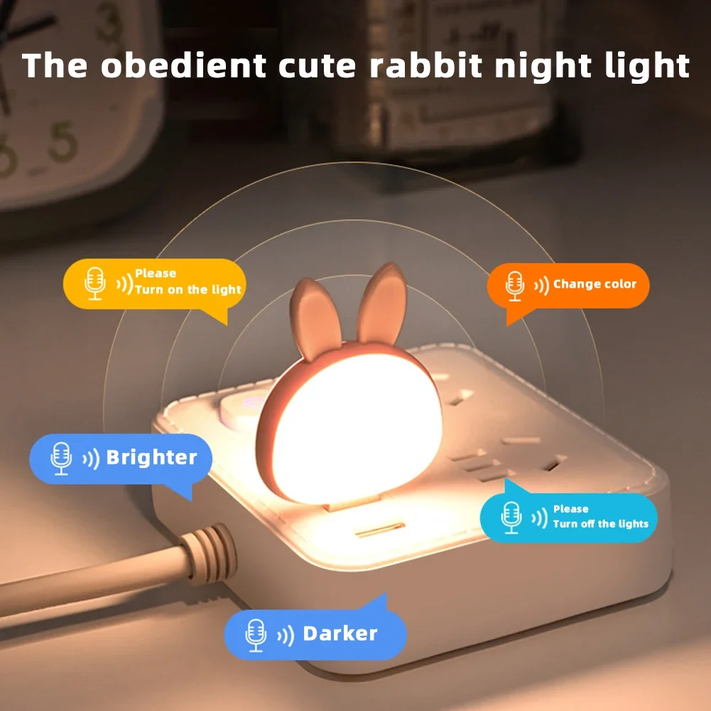 Smart Voice Night Light USB Plug-in Bunny Table Lamp 3 Color Switching Night Lamp Desktop Lights For Baby Bedside Bedroom