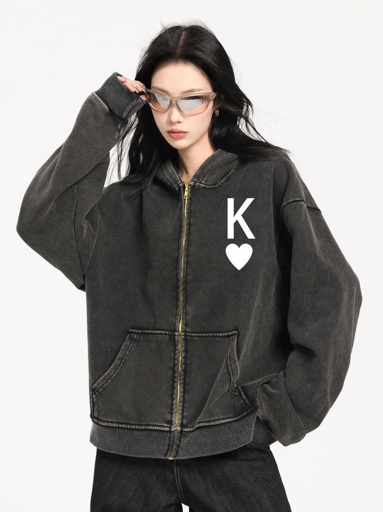 K Love Simple Printed Washed Zipper Clothes Female Fashion Cotton Hooded Autumn Loose Hoodie Casual Oversize Top Women