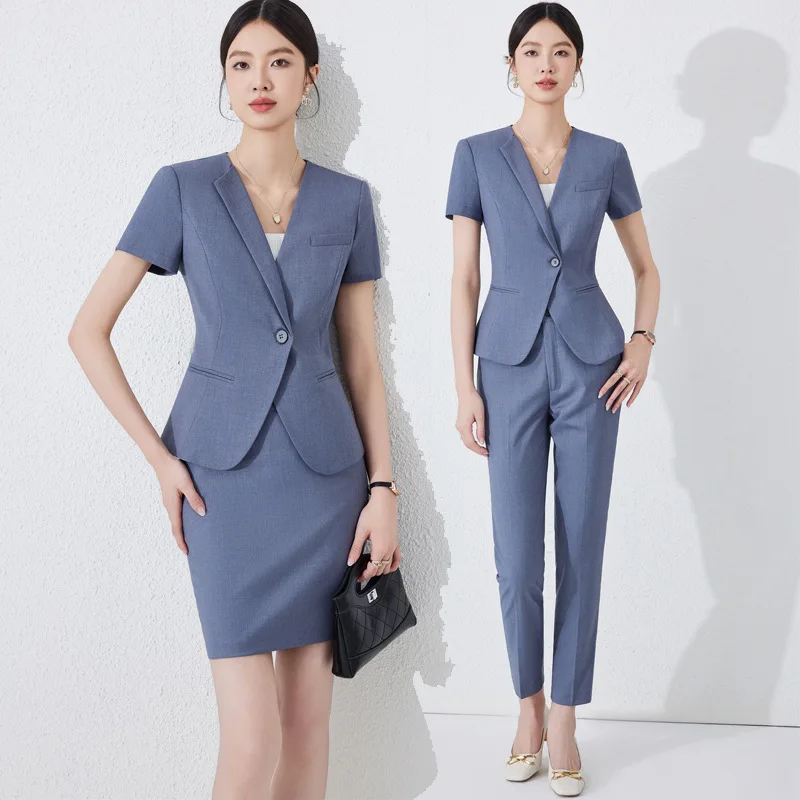 

Серый женский костюм 2025: Новая летняя профессиональная униформа с коротким рукавом для менеджеров отелей, сотрудников ювелирных магазинов и салонов красоты