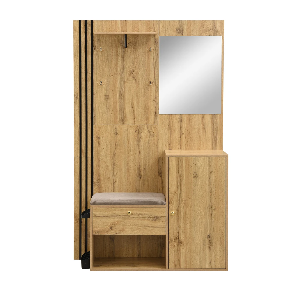 Kleiderschrank-Set, kompakter Flur-Kleiderschrank mit Spiegel und Kissen mit schwarzem Zierstreifen, Regal, Flur-Kleiderschrank, Schuhschrank – Detail 18