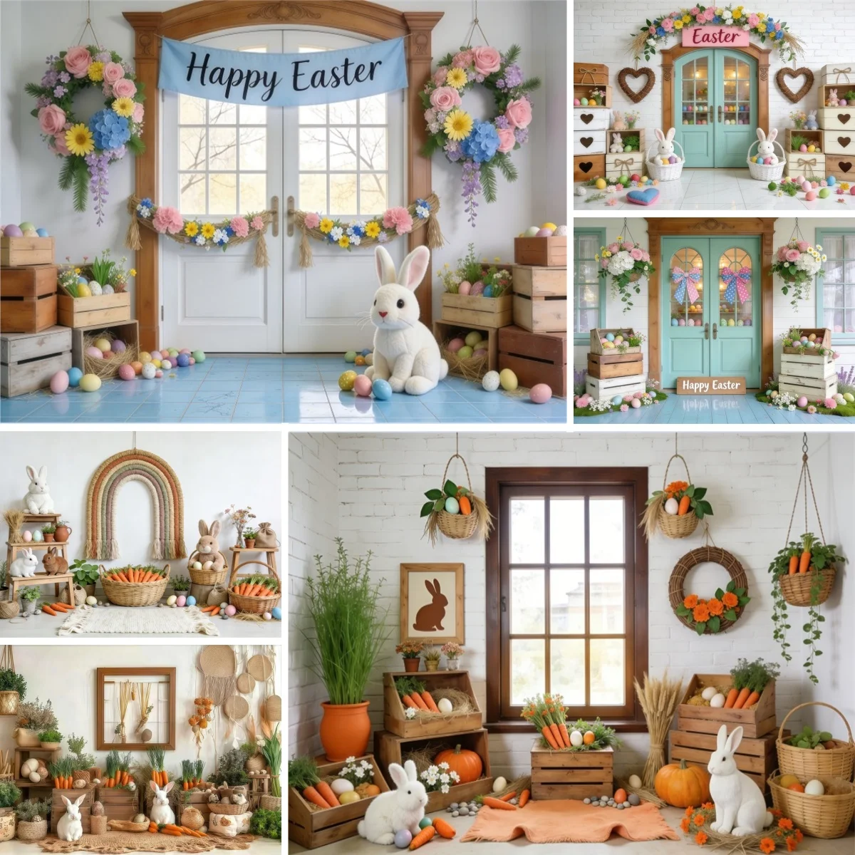 Easter Photography Backdrop Bohemian Pampas Wreath Wooden Door Carrot Eggs Rabbit Home Decoration Girl Portrait Photo Background