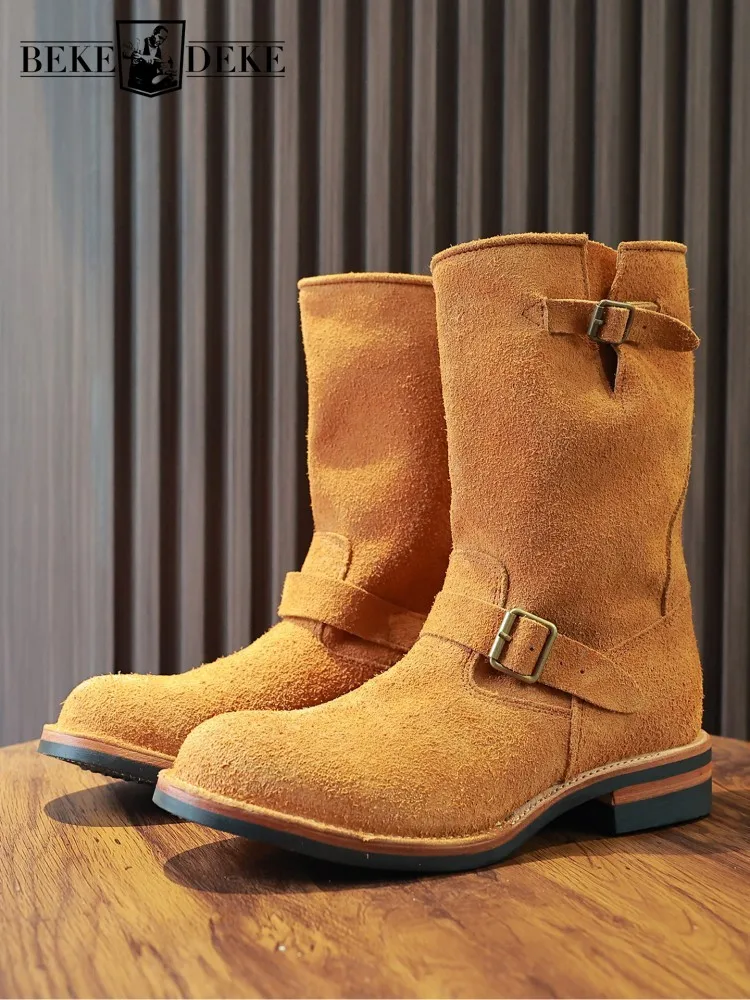 Retro Fashion Male Buckle Strap Genuine Leather Ankle Boots Handmade Solid Color Cowhide Round Toe Men High Top Footwear