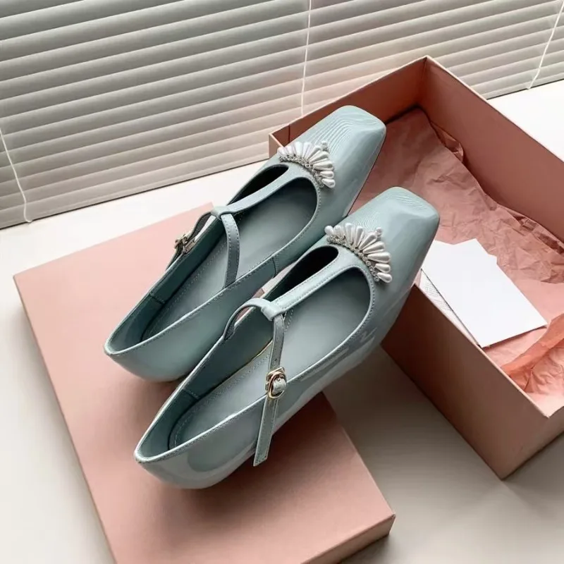 

Sheepskin French Pearl T-shaped Buckle Low Heel Mary Jane Shoes Shallow Mouth Fashion Square Head Gentle Style Women's Shoes