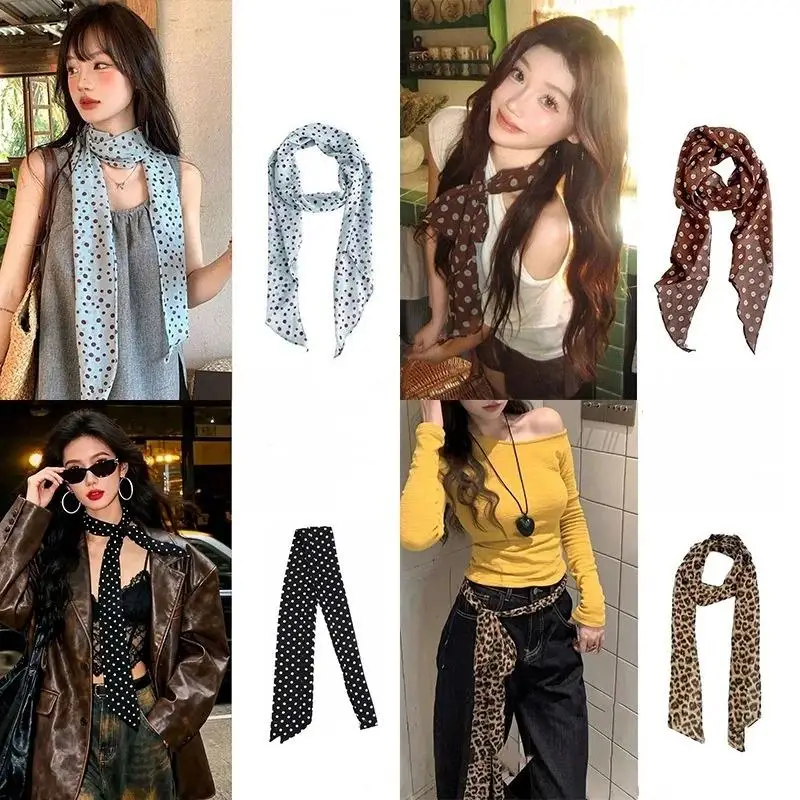 Polka Dot Floral Print Silk Scarf Thin Neck Scarf Hair Band Bag Ribbon For Women Vintage Daily Wear Accessory